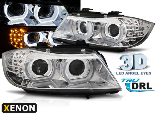 Paire feux phares BMW E90/E91 09-11 Xenon Angel Eyes Led DRL Chrome