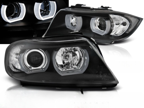 Paire de feux phares BMW serie 3 E90 / E91 de 2005 a 2008 angel eyes led 3D noir