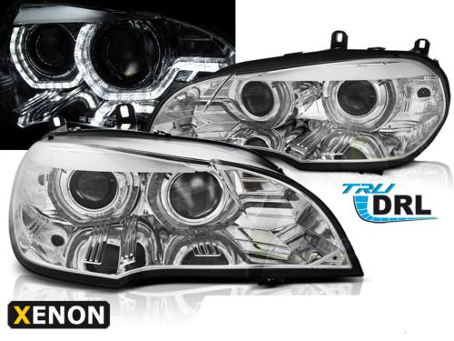 Paire feux phares BMW X5 E70 07-10 Xenon Angel Eyes Led DRL Chrome